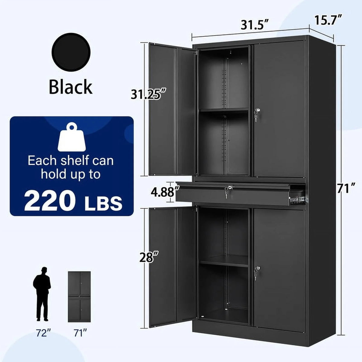 Metal Garage Storage Cabinet with Locking Doors and Adjustable Shelves, 1 Drawer - 71" Steel Locking Cabinet E871