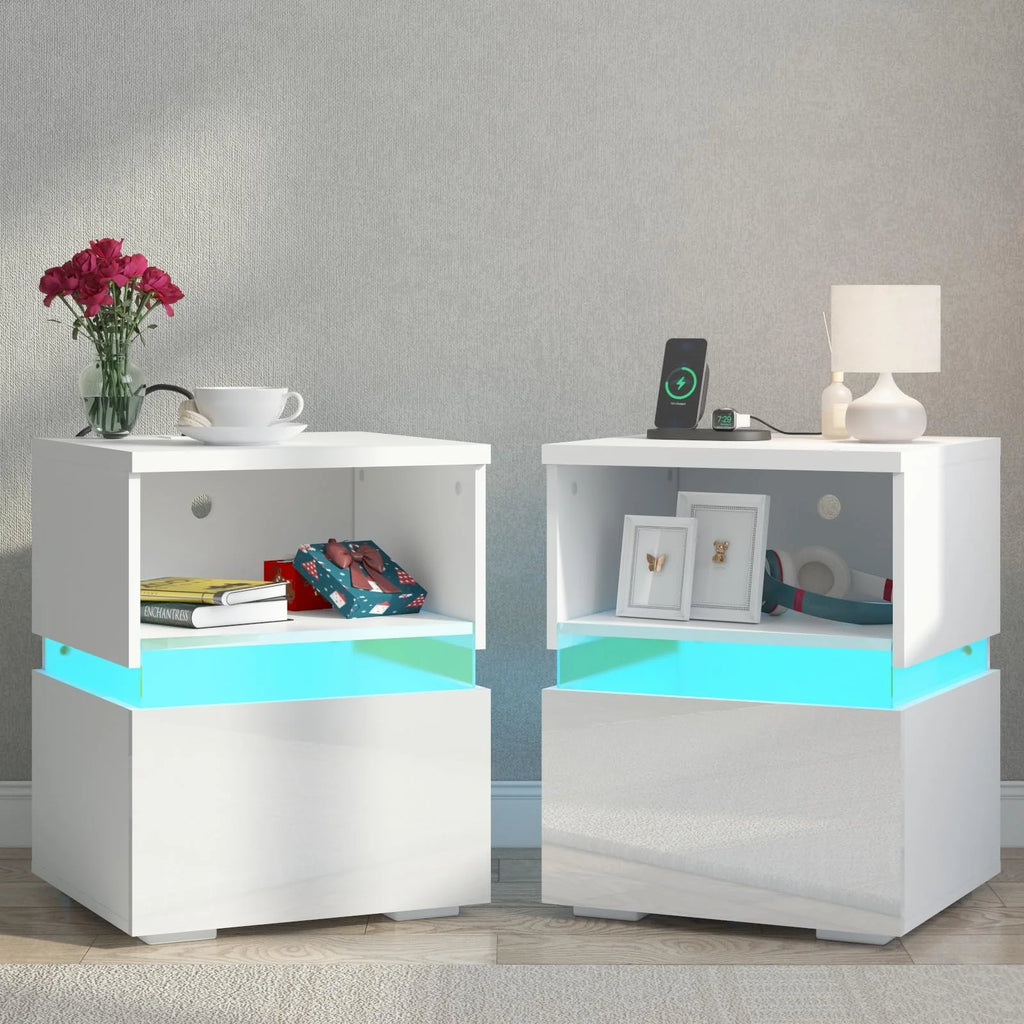 Black High Gloss Nightstand Set of 2 with Charging Station T6199