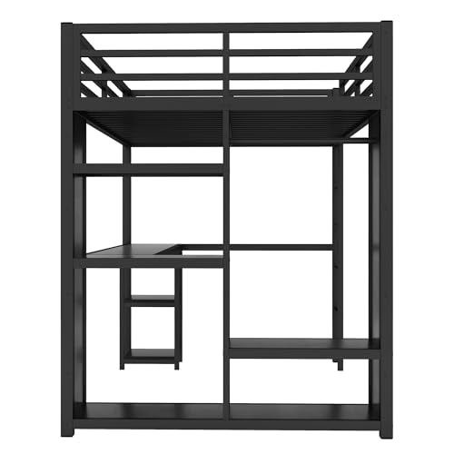 Queen Size Black Metal Loft Bed with Wardrobe and Desk H59215