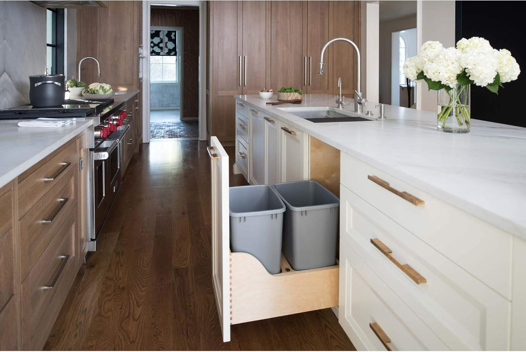 Double 35-Quart Maple Bottom Mount Kitchen Pullout Waste Container Trash Can with Soft-Close Slides, Silver D13243