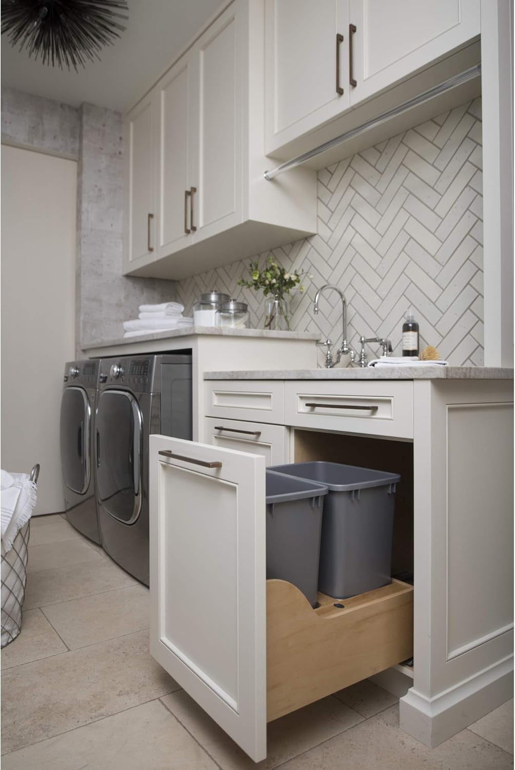 Double 35-Quart Maple Bottom Mount Kitchen Pullout Waste Container Trash Can with Soft-Close Slides, Silver D13243