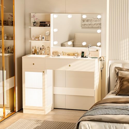 40" White Vanity Desk with Mirror and Lights V9033