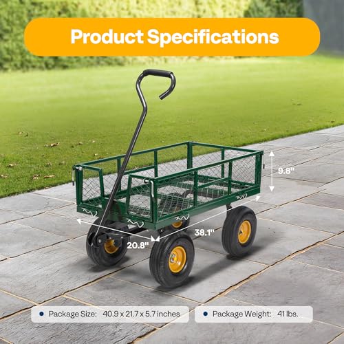 Heavy Duty Mesh Steel Garden Cart Folding Utility Wagon with Removable Sides and 10 inch Tire (Black) X689
