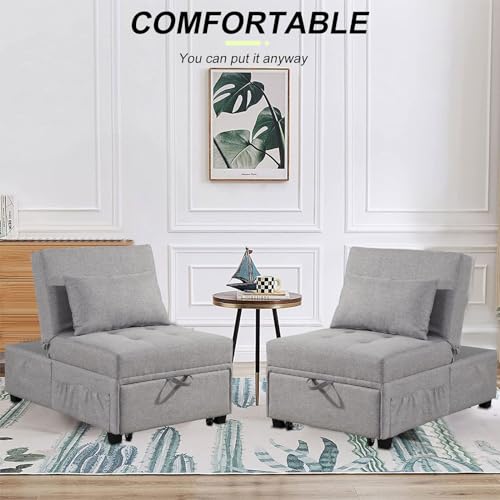 4 in 1 Convertible Linen Fabric Sleeper Chair Bed Ottoman with Adjustable Backrest & Pillow Q278