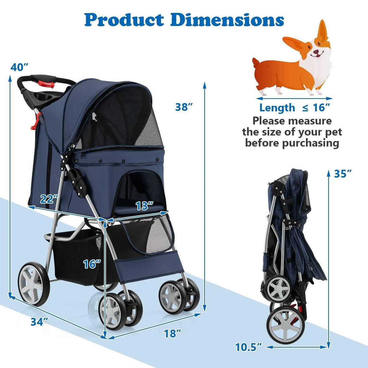 Foldable 4-Wheel Pet Stroller with Storage Basket J40919