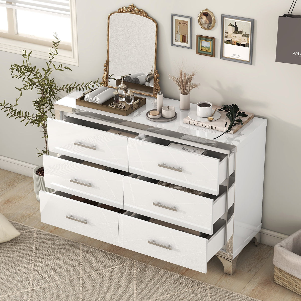 High Gloss White 6 Drawer Mirrored Dresser K4264