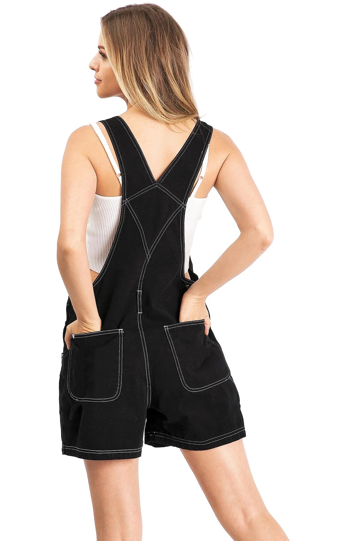 Black/White Stitch Twill Short Overalls K4616