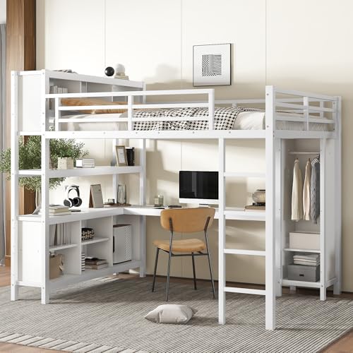 Queen Size Black Metal Loft Bed with Wardrobe and Desk H59215