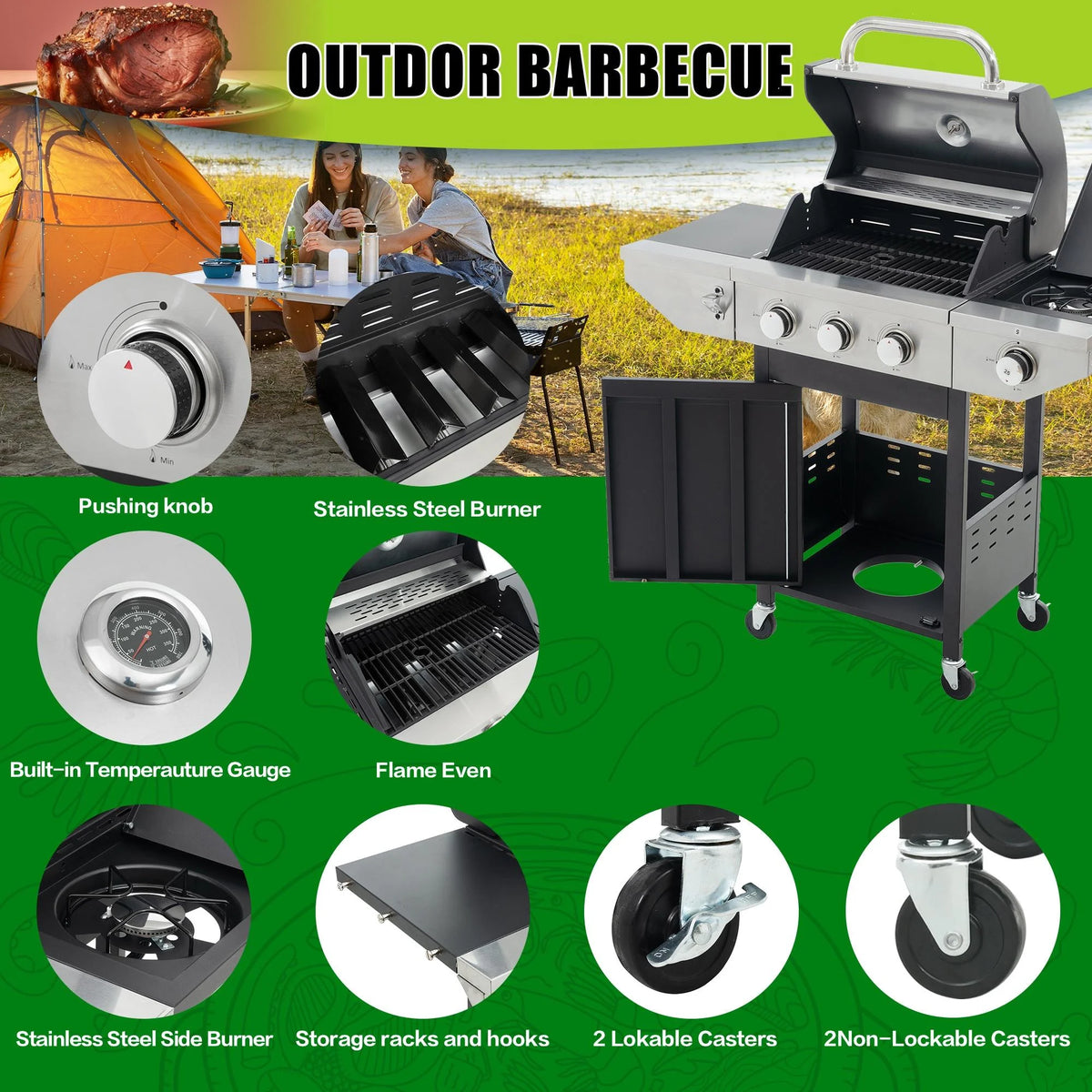 3 Burner Stainless Steel Propane Gas Grill with Side Burner O65216