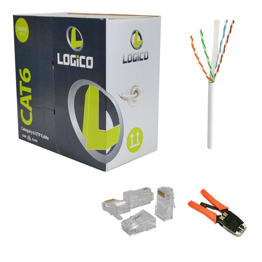 Cat6 UTP Riser CMR Cable 1000ft White with RJ45 Crimp Tool and 100 Piece Cat6 RJ45 Plugs Kit Q1805