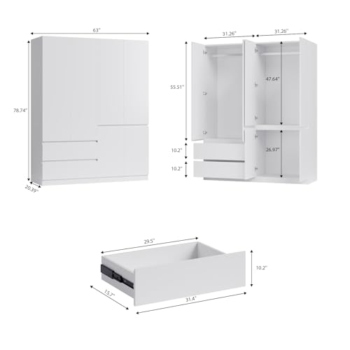 White 4 Door 2 Drawers Wooden Armoire Wardrobe I5230