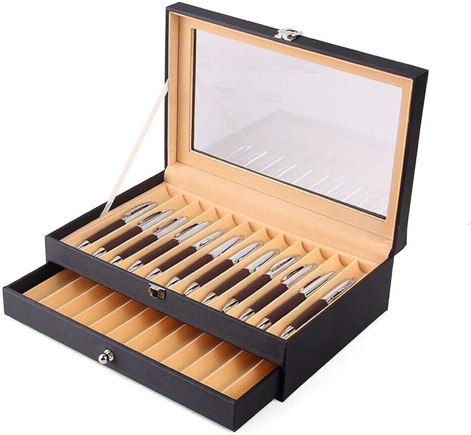 Leather Pen Display Case Storage Organizer Box with Drawer (Black, 36 Slot) Q4060
