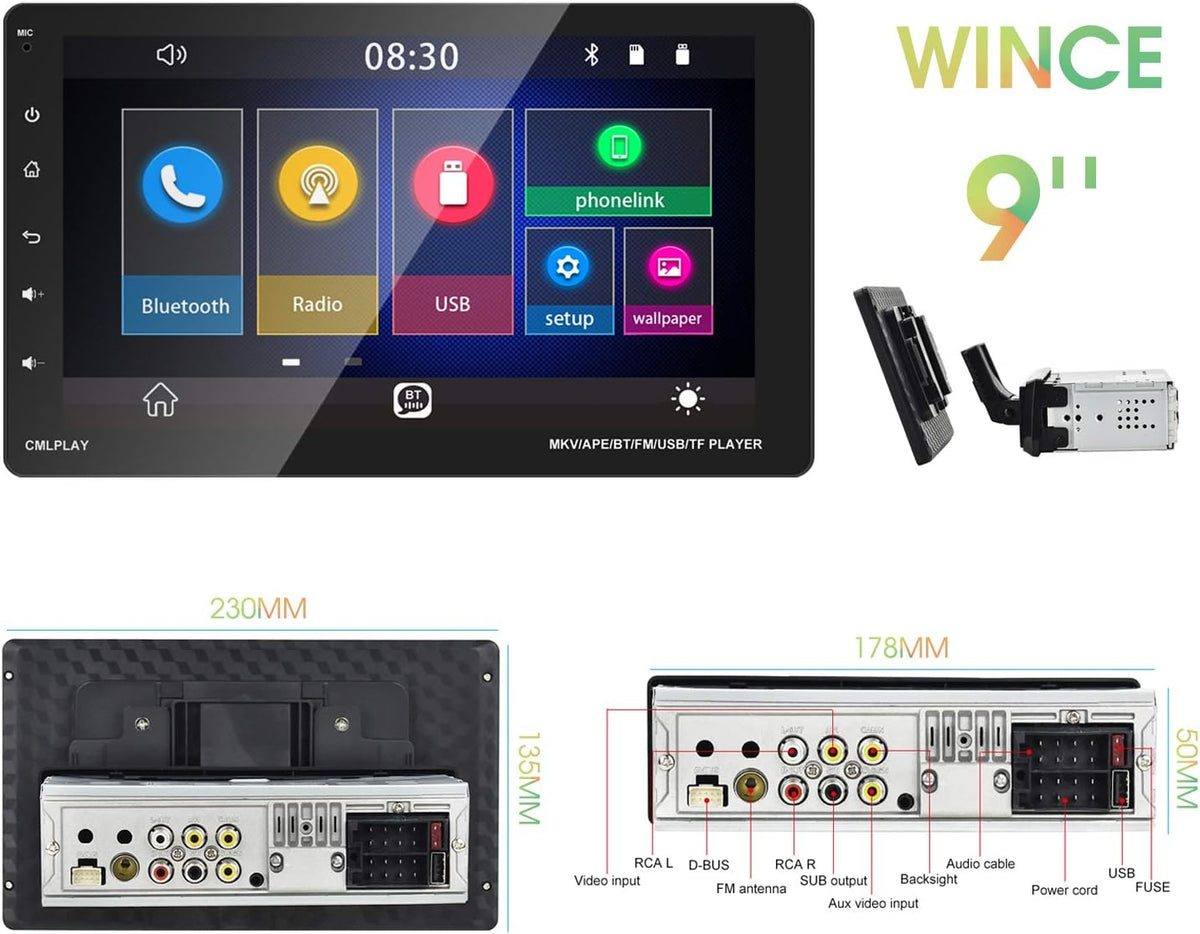 Single Din Car Stereo with 9 Inch Touch Screen and Backup Camera C34629