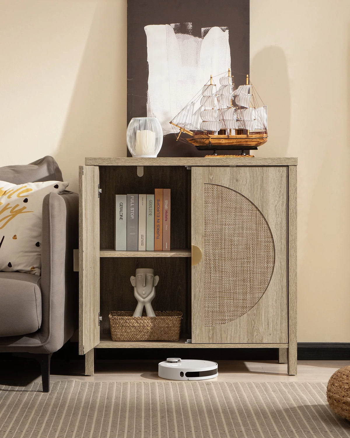 Oak Rattan Sideboard Storage Cabinet Set of 2 Y5141