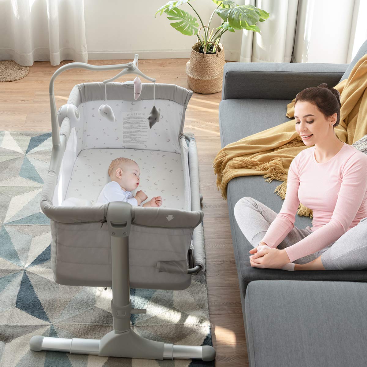 Dark Grey Height Adjustable Portable Baby Bassinet with Breathable Mesh E603