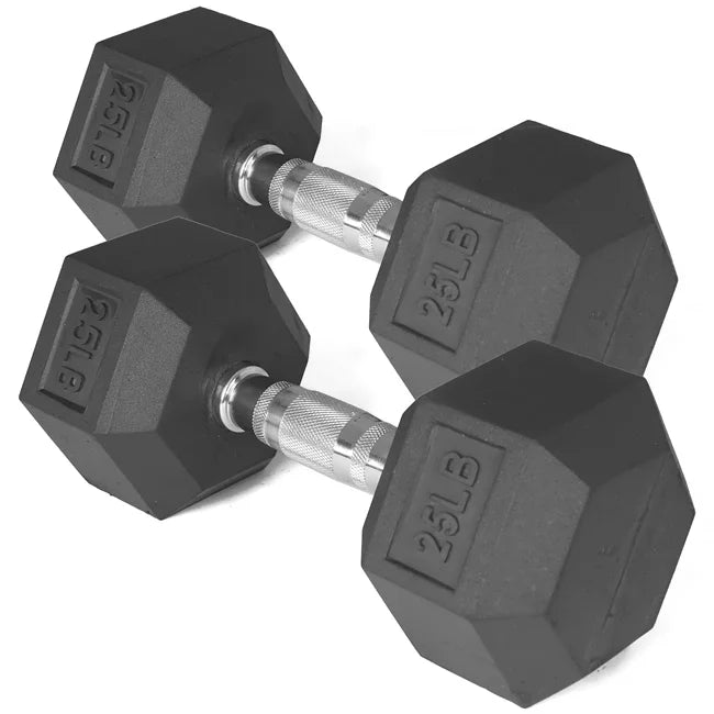 25 LB Pair Black Rubber Coated Hex Dumbbell J7736