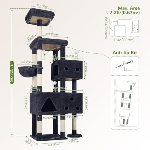 81-inch Tall Dark Grey Cat Tower with 3 Cat Condos and 8 Scratching Posts T31793