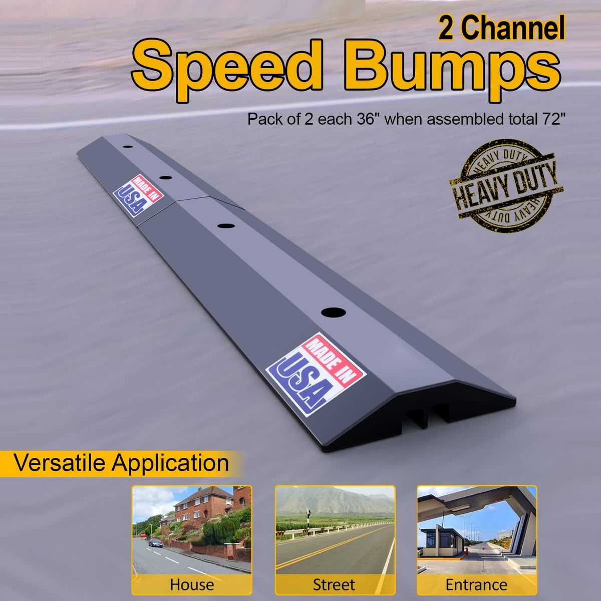 Bolt-Down Speed Bumps for Driveway Traffic, 2 Channel Cable Protector, Pack of 2 S2317