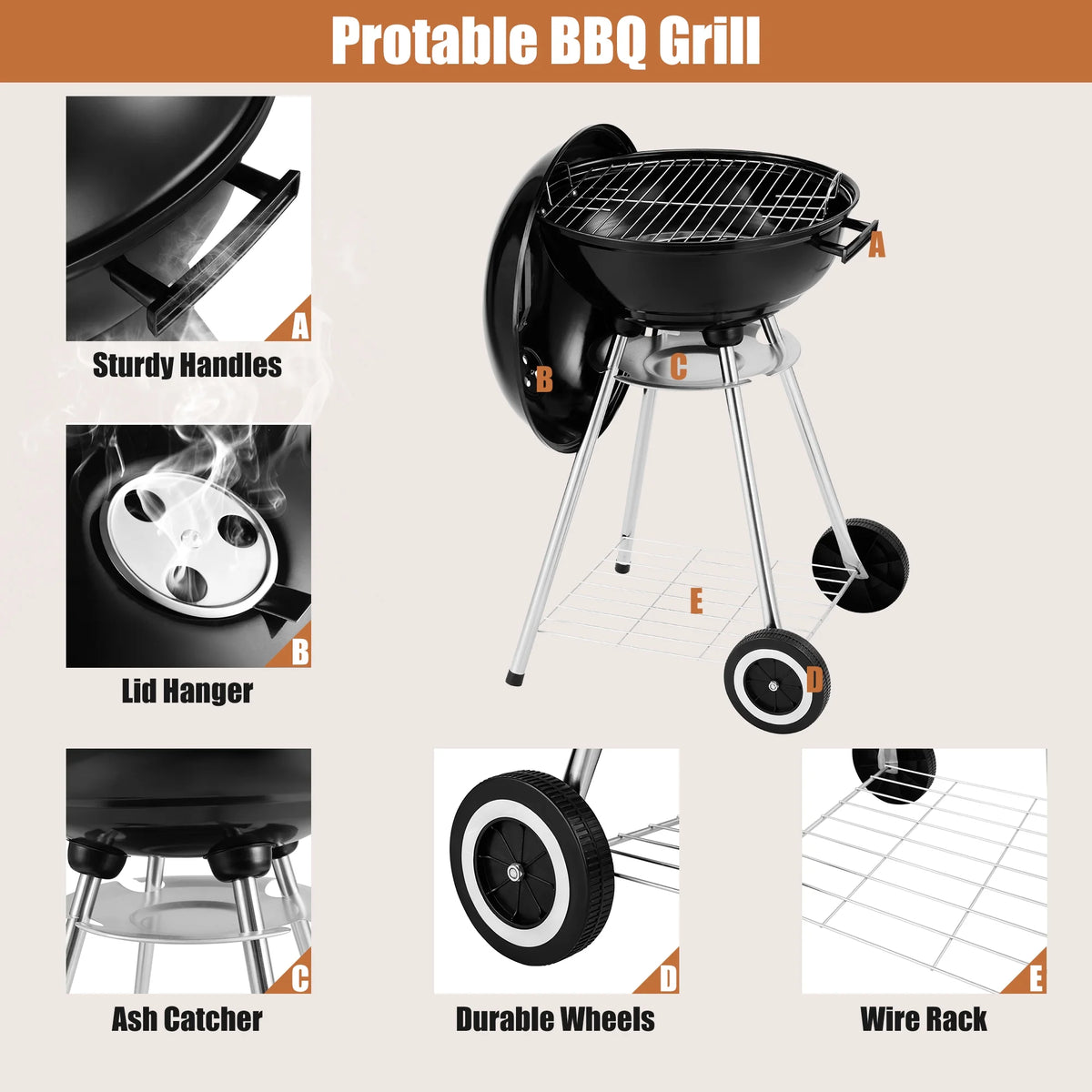 18 Inch Portable Charcoal Grill with Wheels H5124
