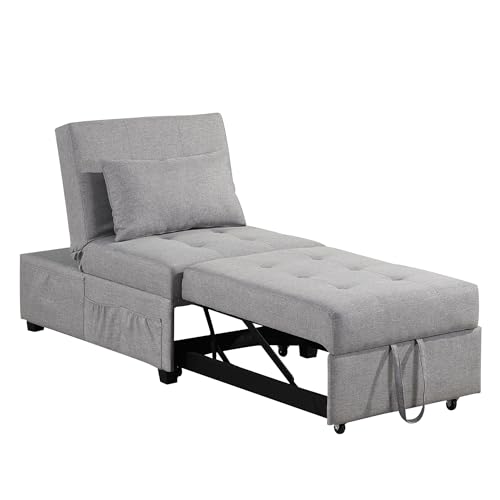 4 in 1 Convertible Linen Fabric Sleeper Chair Bed Ottoman with Adjustable Backrest & Pillow Q278