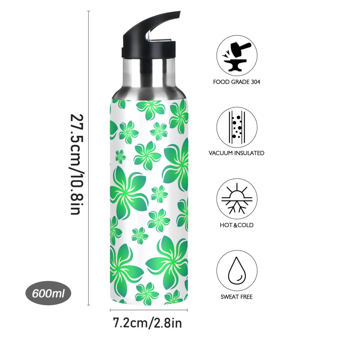 Green Stainless Steel Insulated Water Bottle with Straw Lid V9597