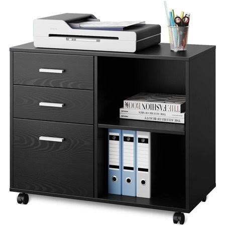 3-Drawer Wood Mobile Lateral Filing Cabinet with Open Storage Shelves W306394