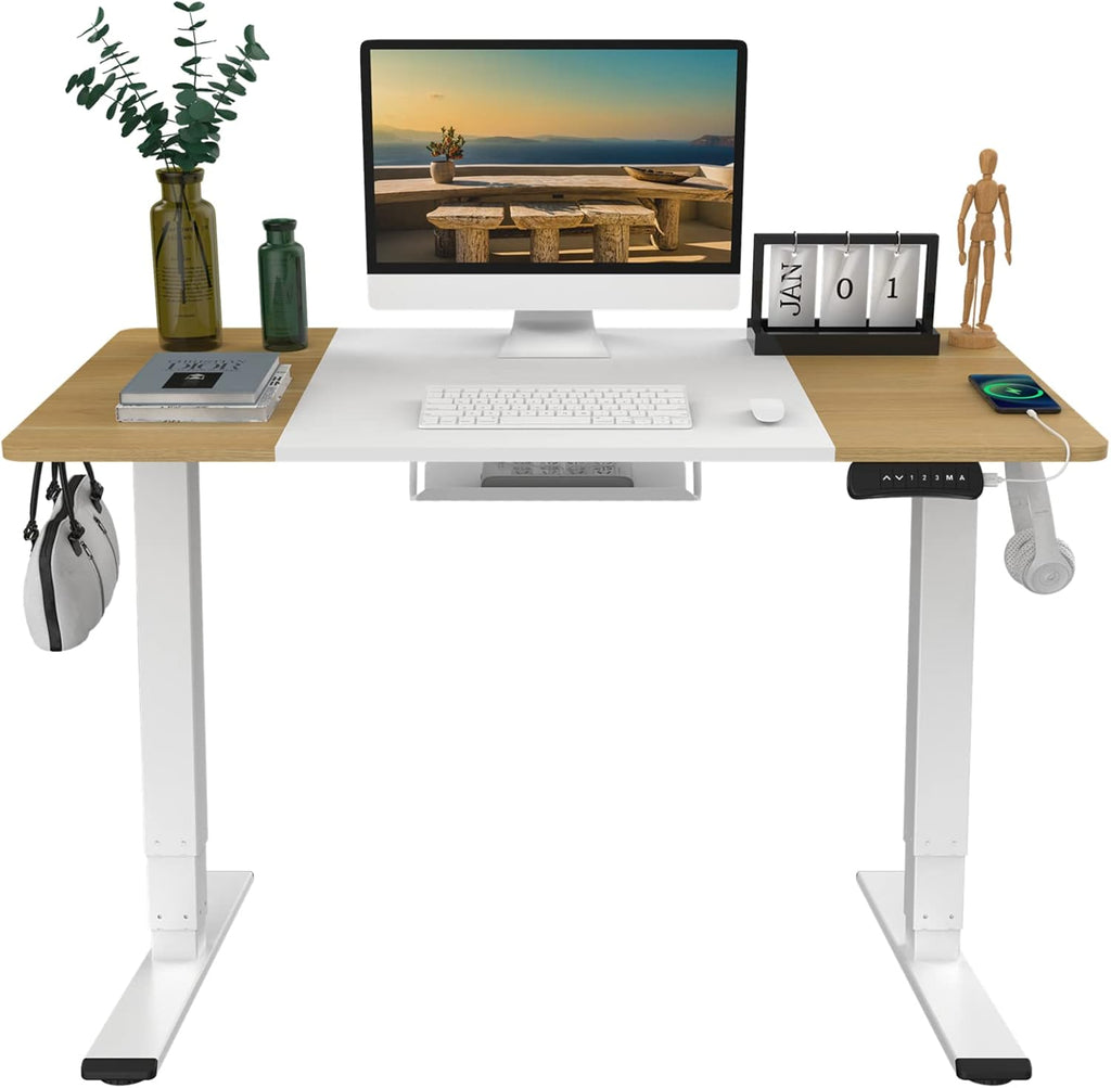 Electric Standing Desk 63"x30" Dual Motor 3 Stages Height Adjustable Desk with USB Charging Port and Hooks, Black Frame & Black/Greystone Top J114356