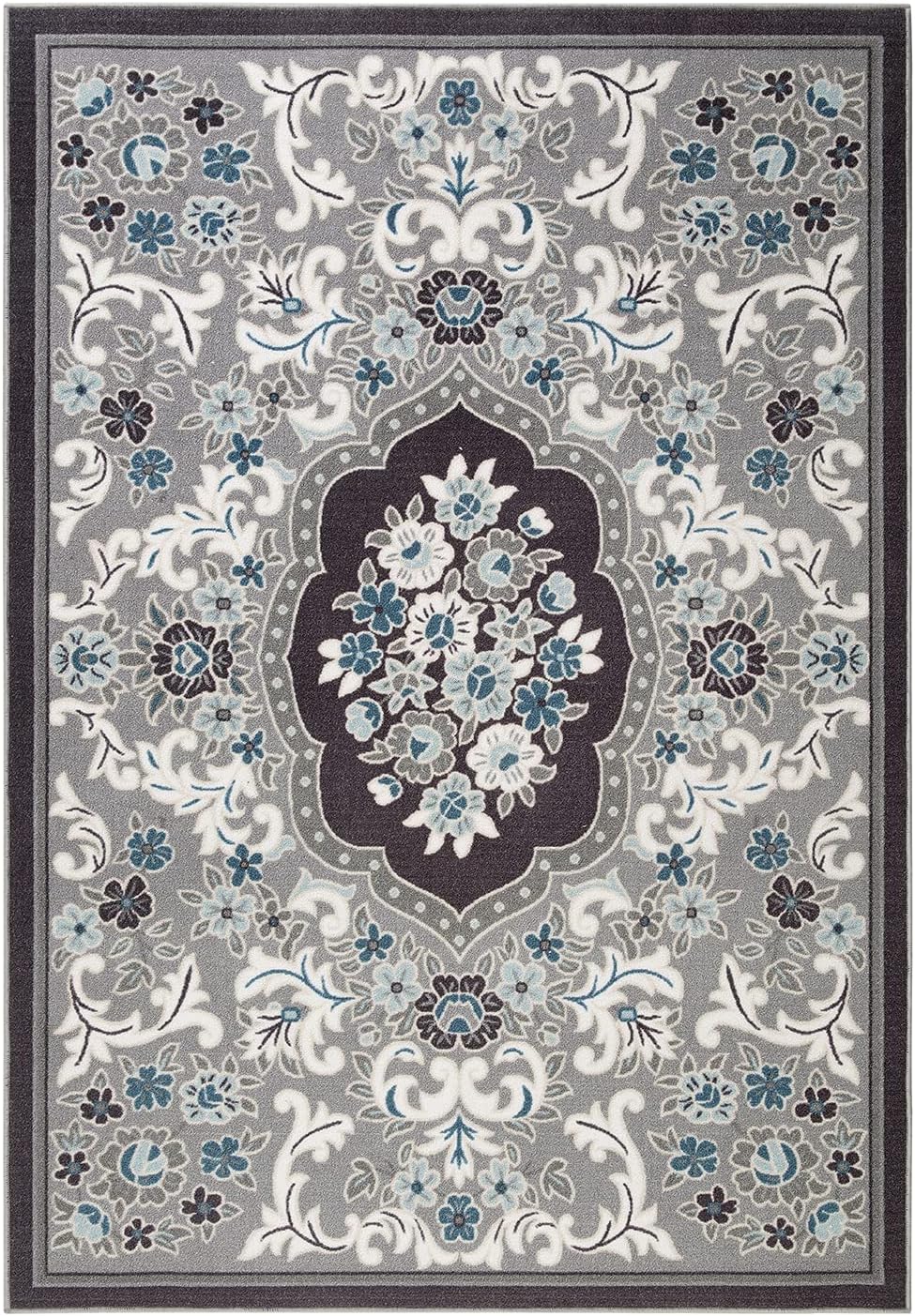 Gray 6'7" x 9' Non-Skid Rubber Backing Floral Area Rug N38681