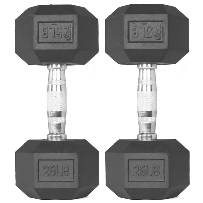 25 LB Pair Black Rubber Coated Hex Dumbbell J7736