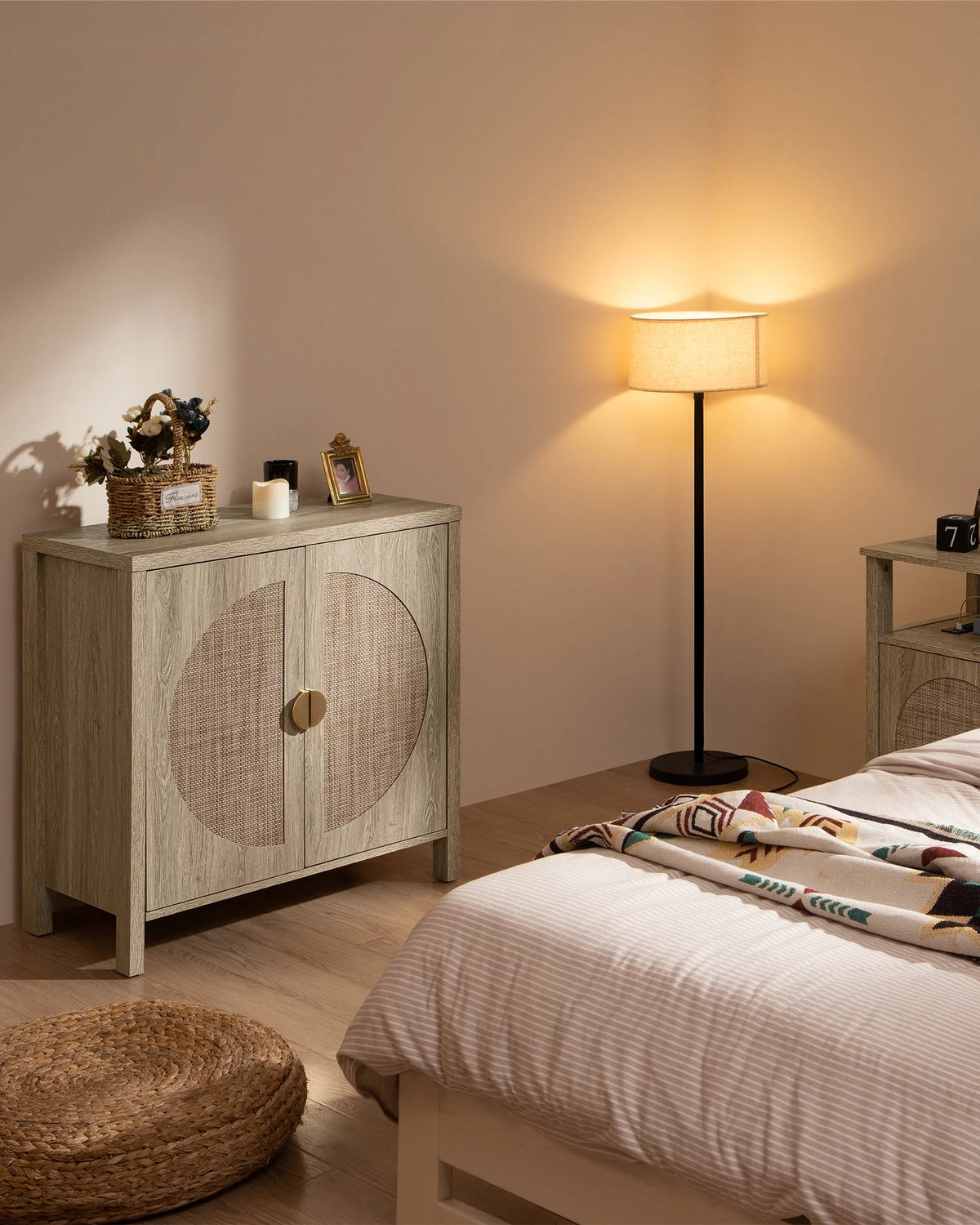 Oak Rattan Sideboard Storage Cabinet Set of 2 Y5141