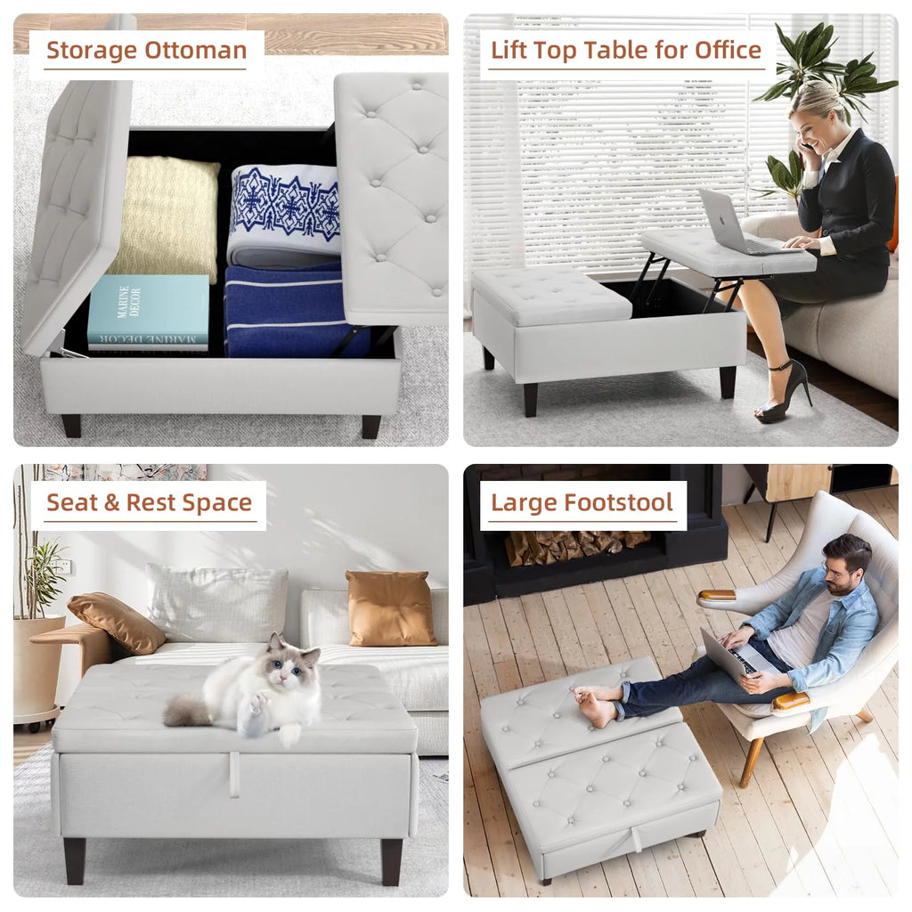 Light Gray Linen Square Storage Ottoman L3069