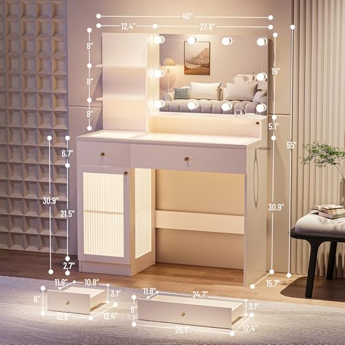 40" White Vanity Desk with Mirror and Lights V9033