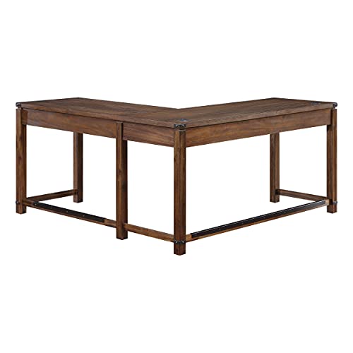 Rustic L-Shape Office Desk with Power Port Drawer, Champagne Oak Finish V5099