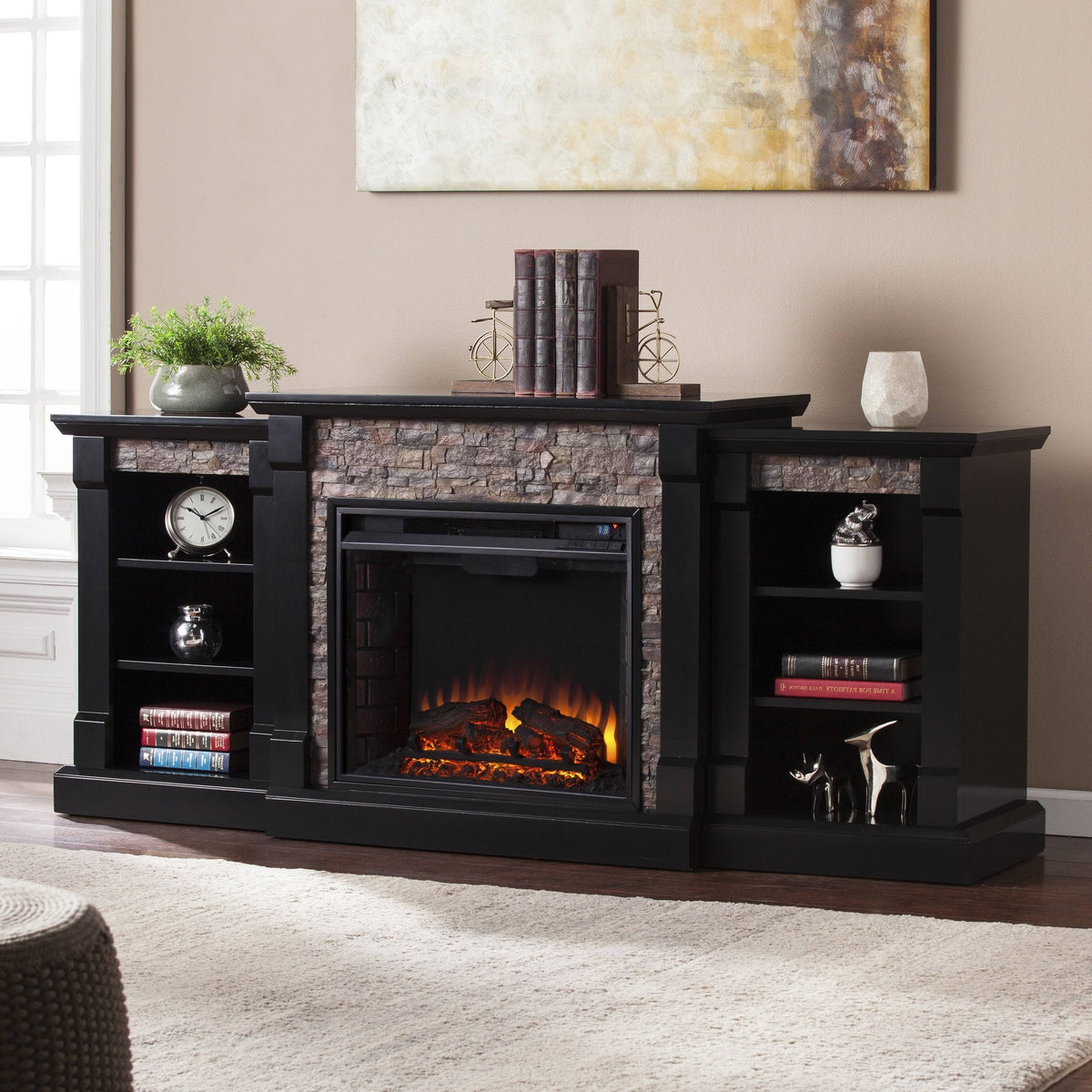 Black Faux Stone Electric Fireplace with Bookcases X24184