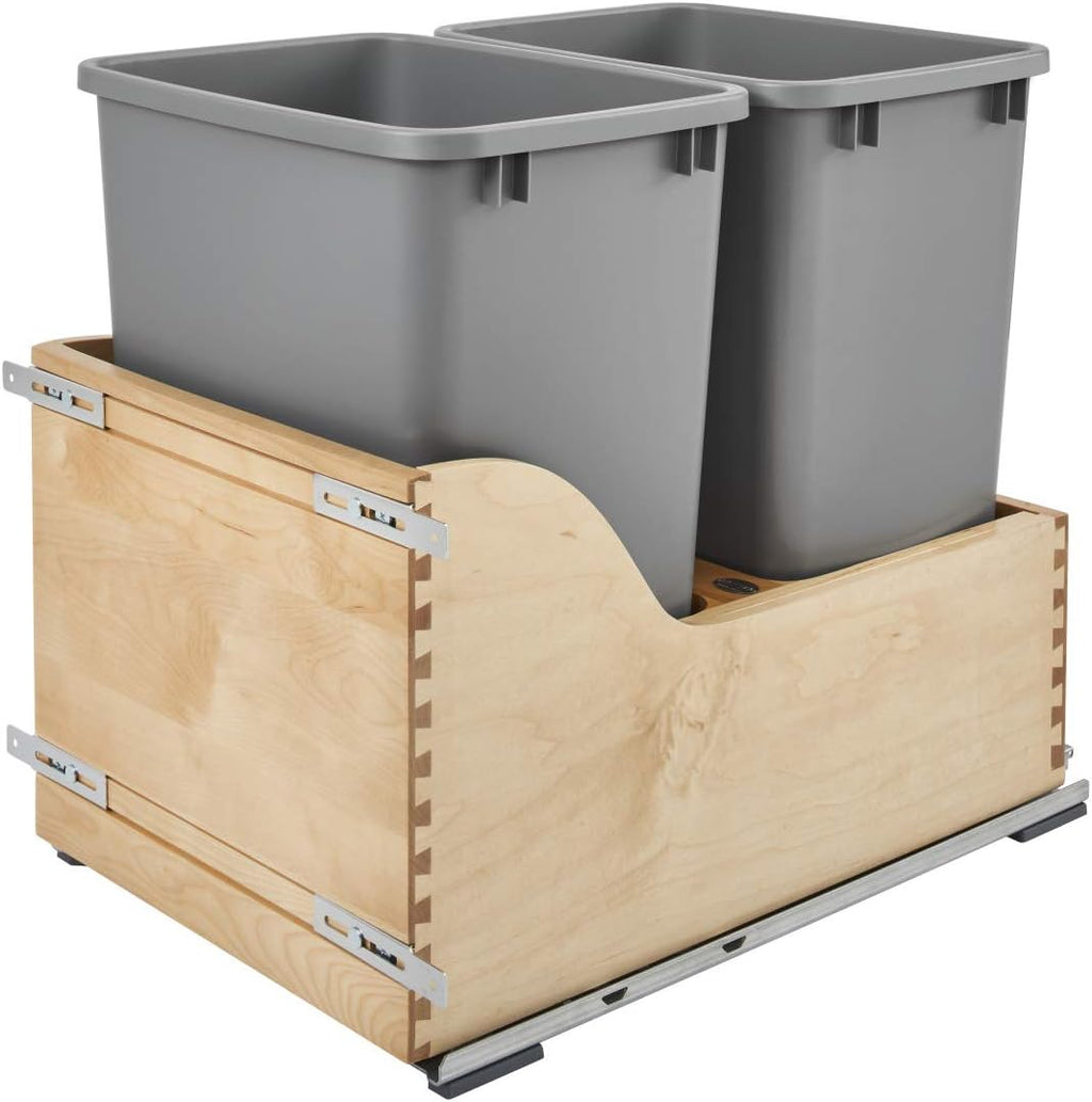 Double 35-Quart Maple Bottom Mount Kitchen Pullout Waste Container Trash Can with Soft-Close Slides, Silver D13243