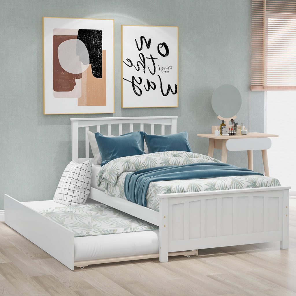White Solid Wood Twin Platform Bed with Trundle V170
