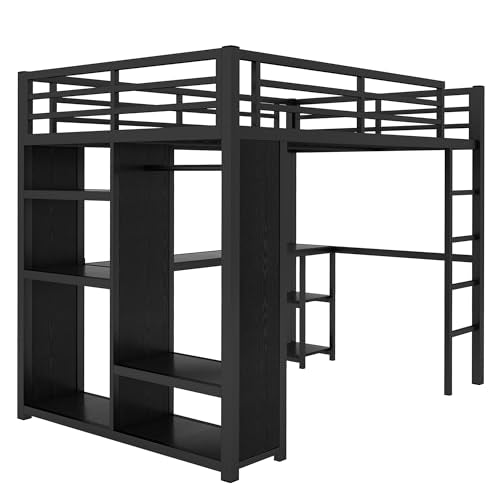 Queen Size Black Metal Loft Bed with Wardrobe and Desk H59215