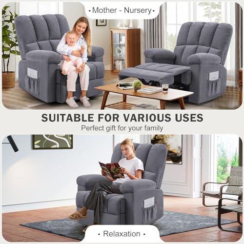 Oversized Chenille Swivel Rocker Recliner Chair, Grey N7677