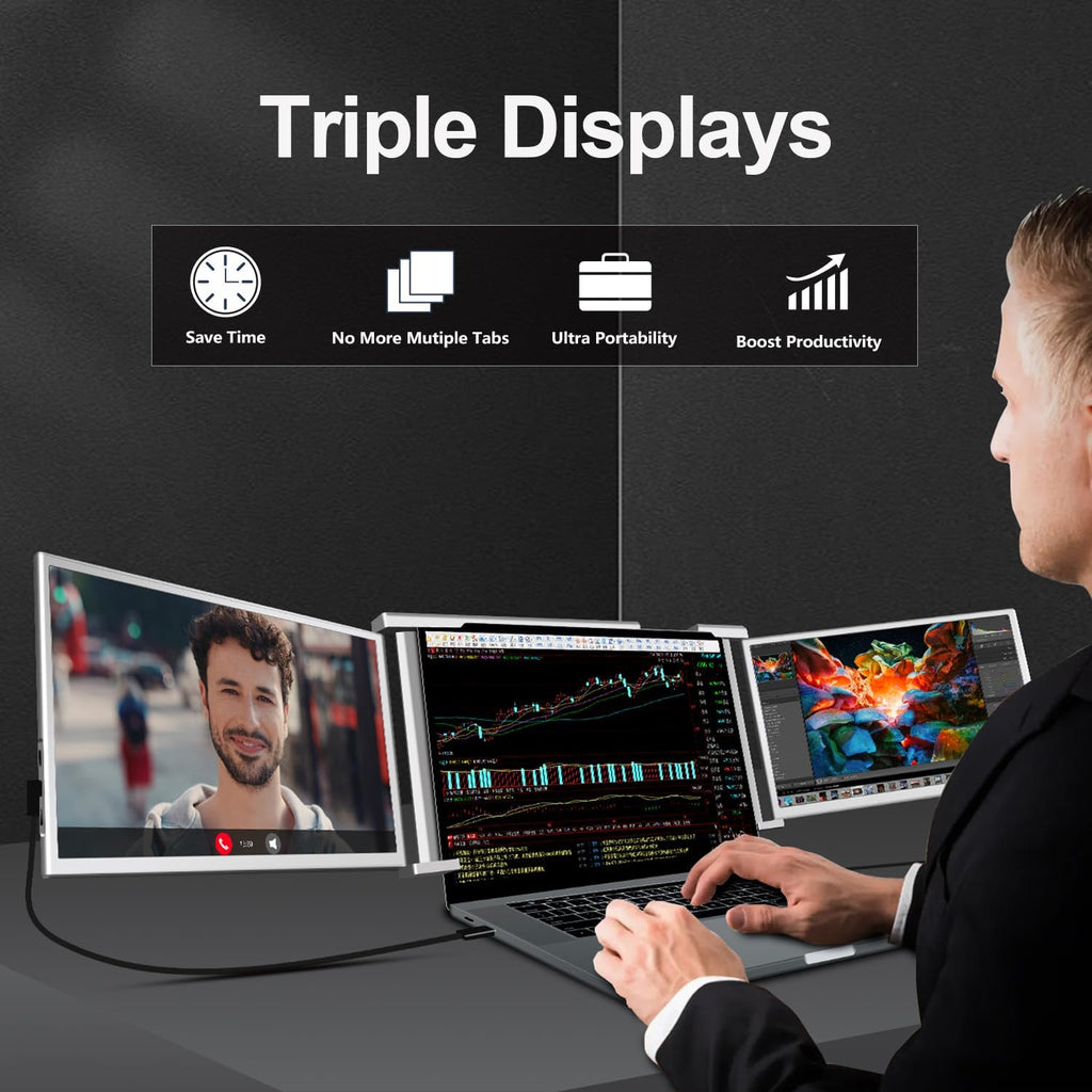 14" Triple Laptop Screen Extender FHD 1080P IPS Portable Monitor Gray S956007