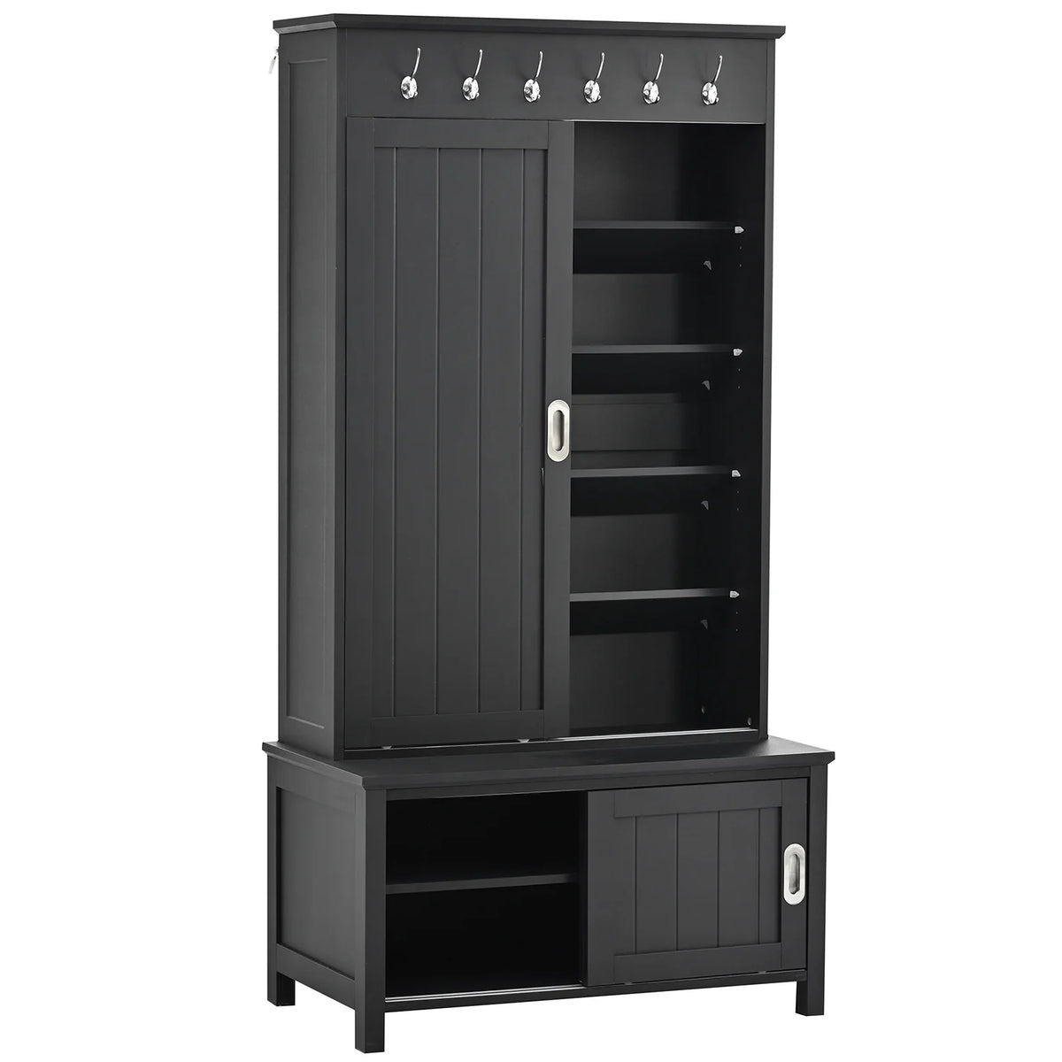 Black Wooden Hall Tree with Bench and Shoe Storage T358