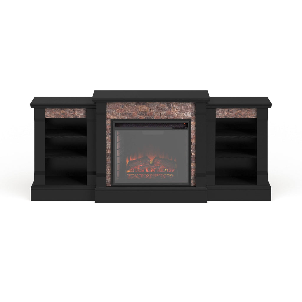 Black Faux Stone Electric Fireplace with Bookcases X24184