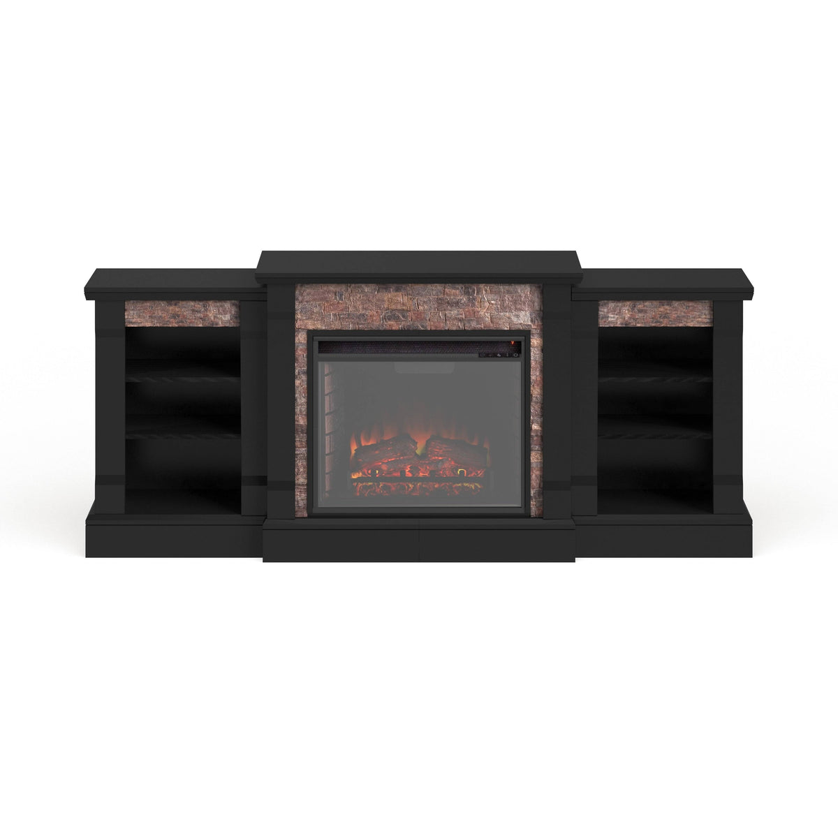 Black Faux Stone Electric Fireplace with Bookcases X24184