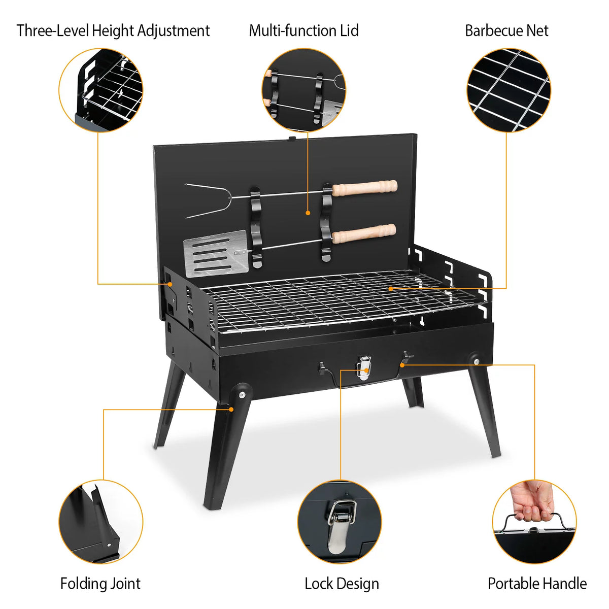 Portable Charcoal Grill with 2Pcs Non-Stick Mat, Black Y159497