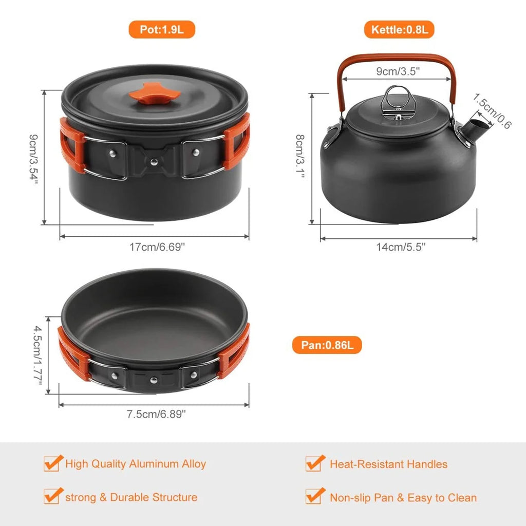 Camping Cookware Mess Kit Pot Pan Kettle Cooking Set with Spoon Fork X23260