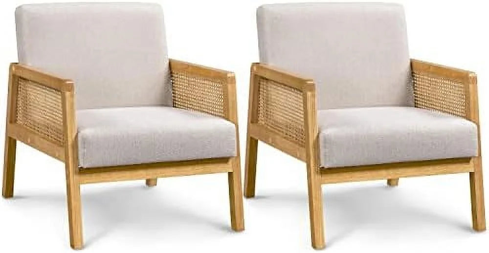 Ivory Boucle Fabric Accent Chair with Wood Armrest and Legs 2 pcs J56071