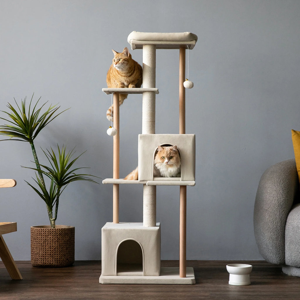 Beige Multi-Level Wood Cat Tree with 2 Condos and Perch E934528