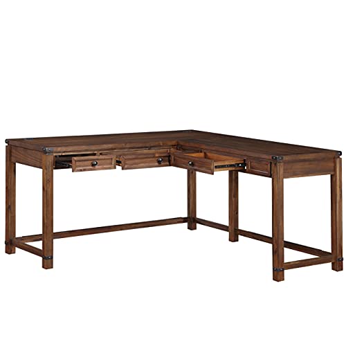 Rustic L-Shape Office Desk with Power Port Drawer, Champagne Oak Finish V5099