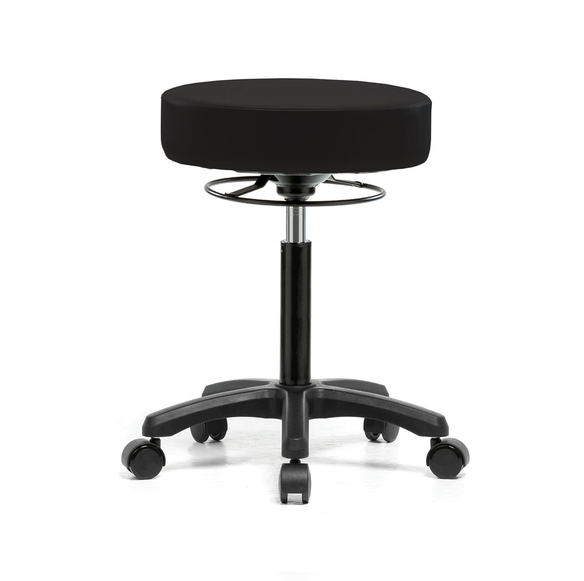 Rolling Height Adjustable Stool with Footring, Black Vinyl Y216740