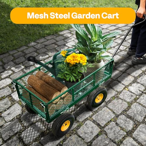 Heavy Duty Mesh Steel Garden Cart Folding Utility Wagon with Removable Sides and 10 inch Tire (Black) X689