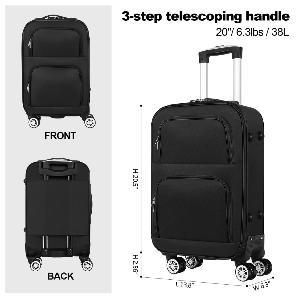 20 inch Softside Black Carry On Suitcase with Spinner Wheels Lock V3197